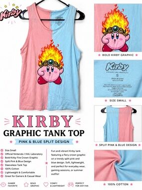 Kirby Graphic Tank Top Split Pink Blue Fire Crown Nintendo